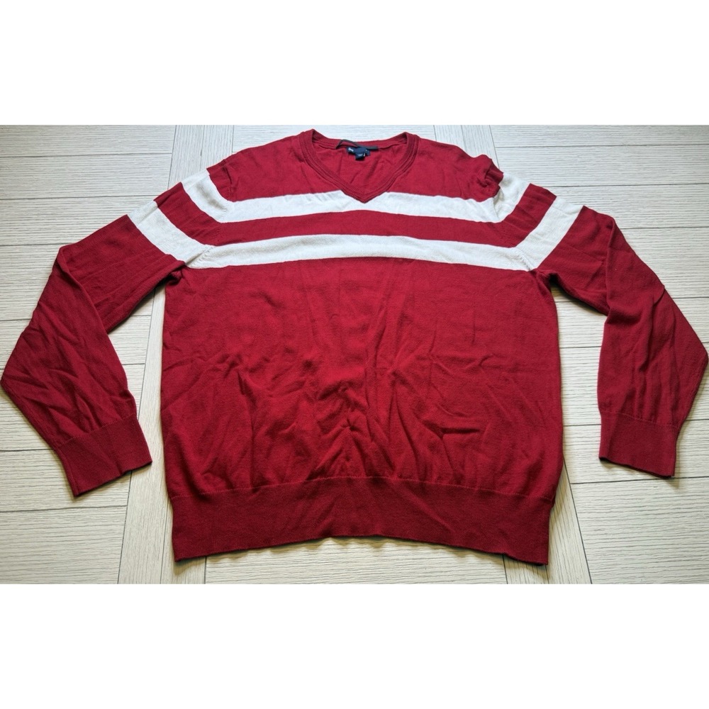 Gap Men's Vintage 100% Cotton Red W/ White V Neck Long Sleeve Sweater Sz XL